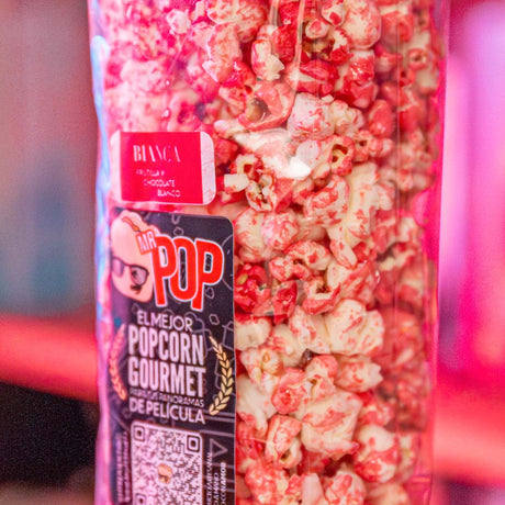 Bolsa de palomitas de maíz gourmet premium sabor Bianca (frutilla y chocolate blanco) de Mr Pop, 800 cc